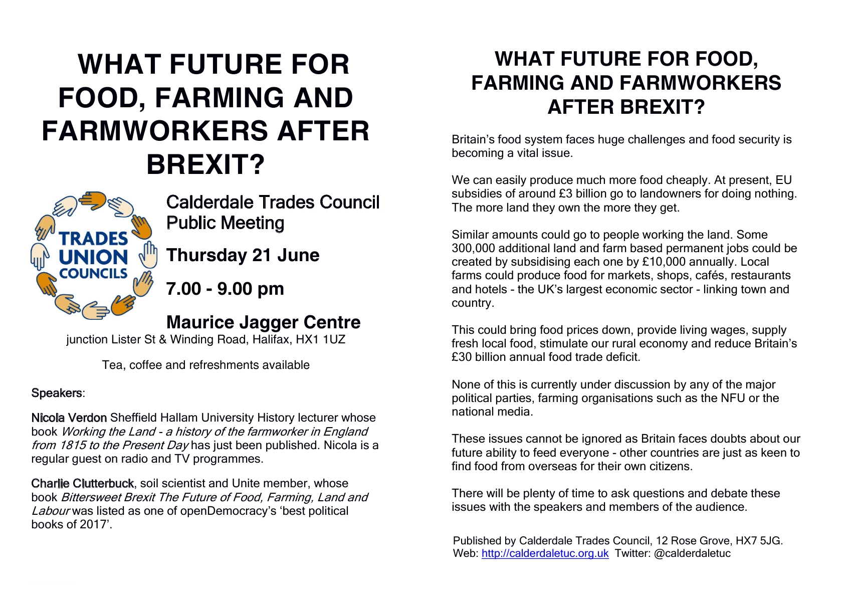 Food + Farming public meeting 6-18 leaflet with TUCs logo